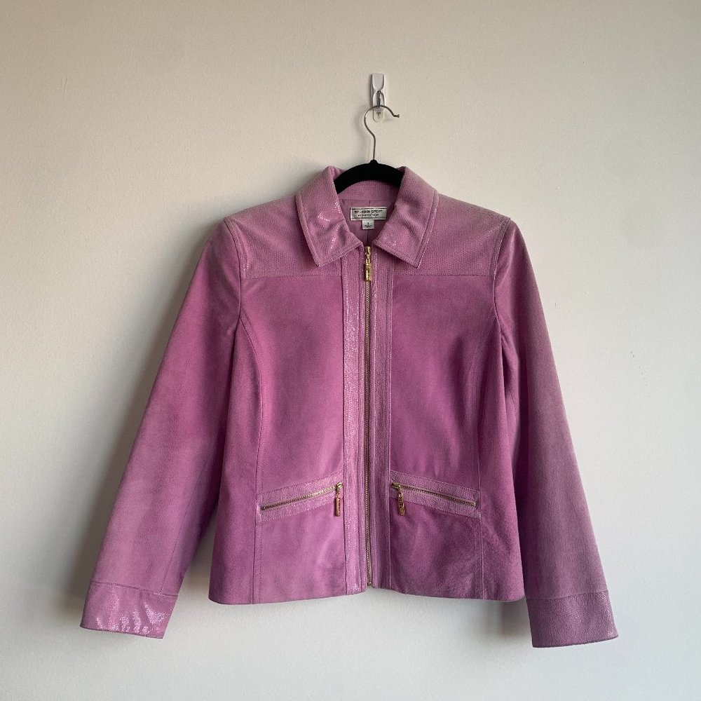 ST JOHNS SPORT MARIE GRAY WOMENS LILAC PURPLE EMBOSSED LEATHER SUEDE JACKET SZ S